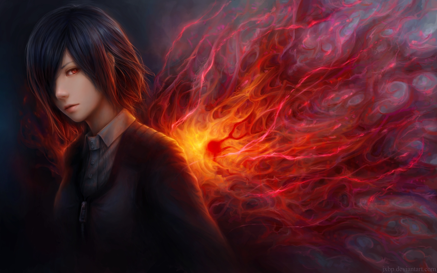 black_hair, jason_peng, kirishima_touka, realistic, red_eyes, short_hair, tokyo_ghoul, watermark