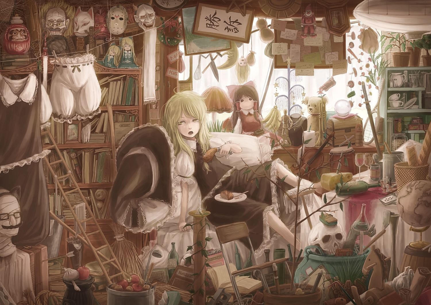 apple, blonde_hair, bloomers, book, doll, dress, drink, food