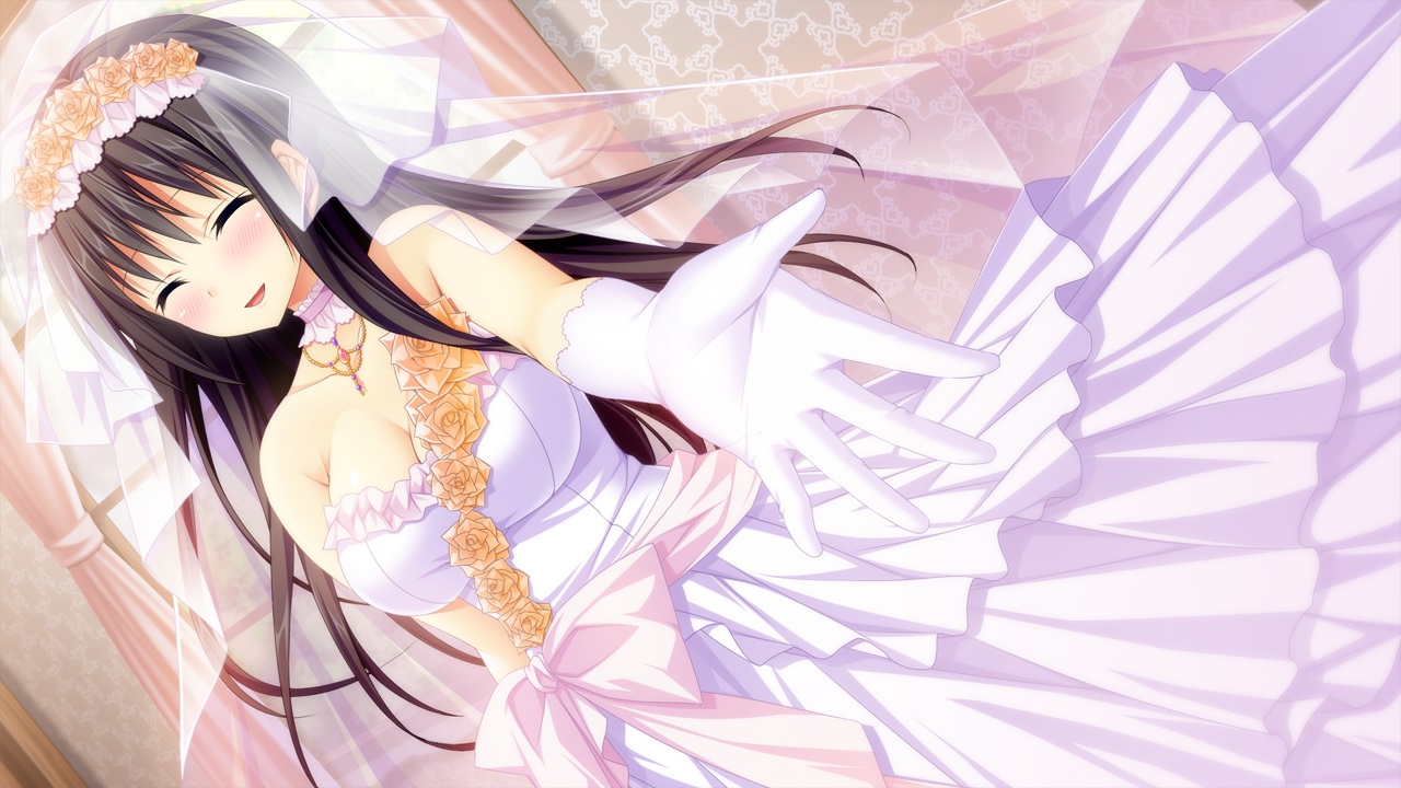 black_hair, bow, breasts, choker, cleavage, elbow_gloves, ensemble_(company), flowers