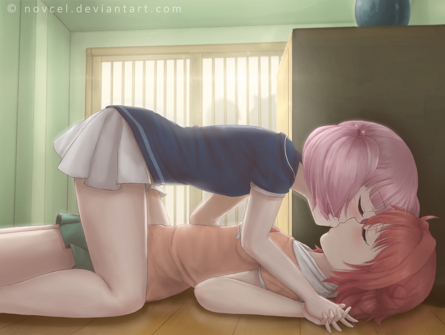 2girls, akaza_akari, kiss, novcel, pink_hair, red_hair, short_hair, shoujo_ai, skirt, watermark, yoshikawa_chinatsu, yuru_yuri