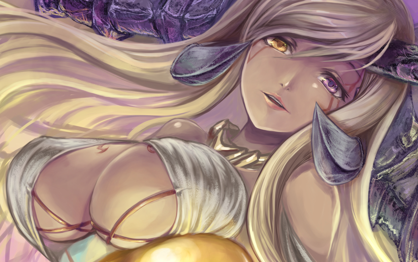 bicolored_eyes, blonde_hair, breasts, close, horns, long_hair, puzzle_&_dragons, shouma_(bravespiritya), sonia_(p&d), tattoo, underboob