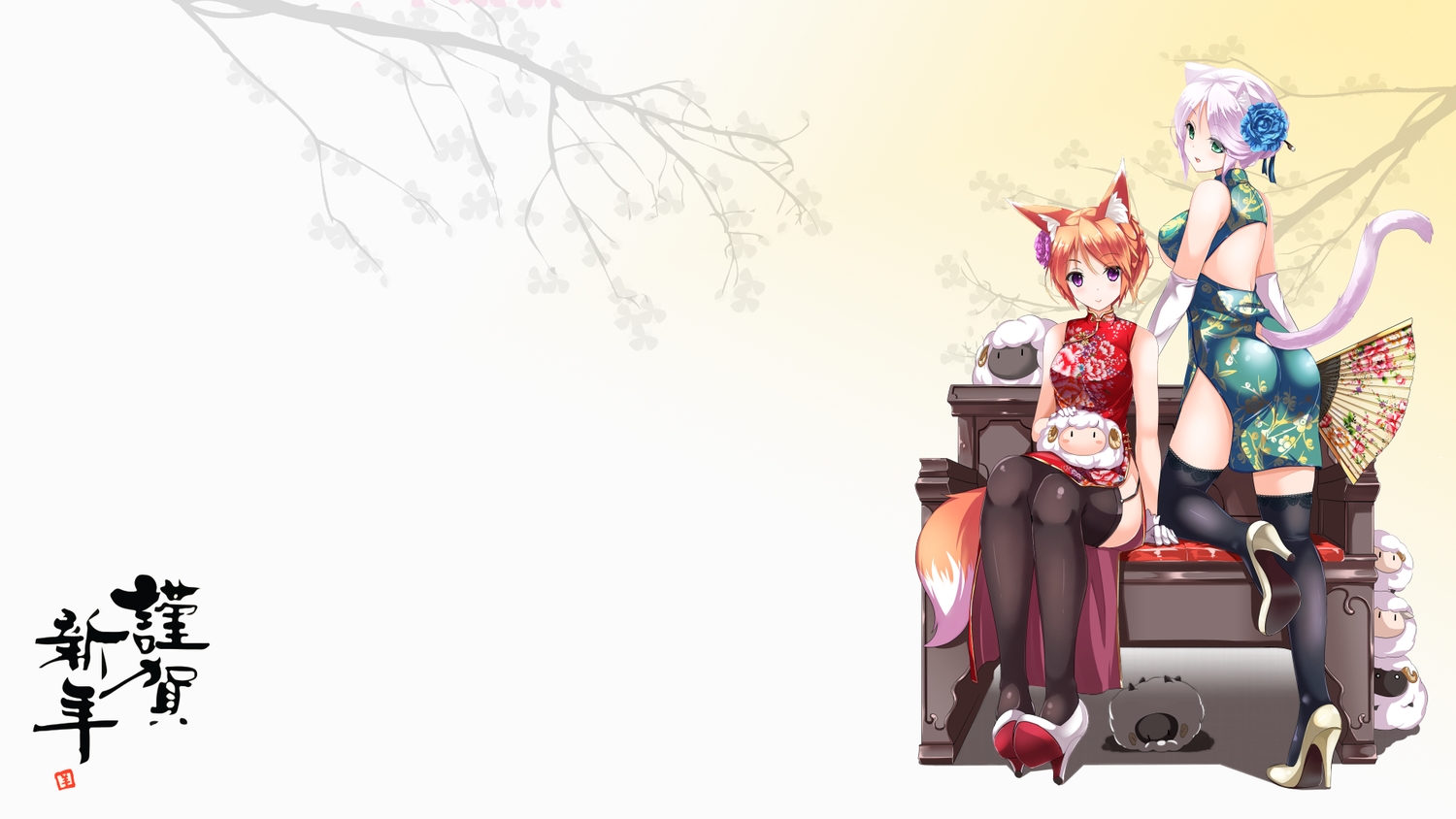 2girls, animal, animal_ears, ass, breasts, catgirl, chinese_clothes, chinese_dress