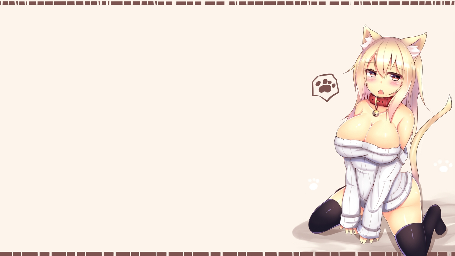 animal_ears, bell, blonde_hair, blush, breasts, brown_eyes, catgirl, cleavage, collar, kubiwa_(kutan), kutan, long_hair, original, tail, thighhighs