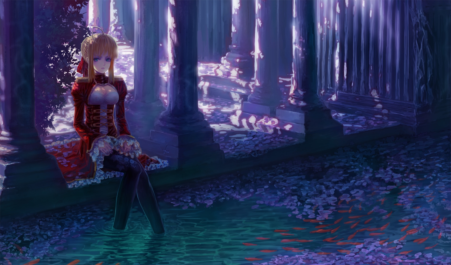 animal, blonde_hair, blue_eyes, dress, fate/extra, fate_(series), fish, heiyuen