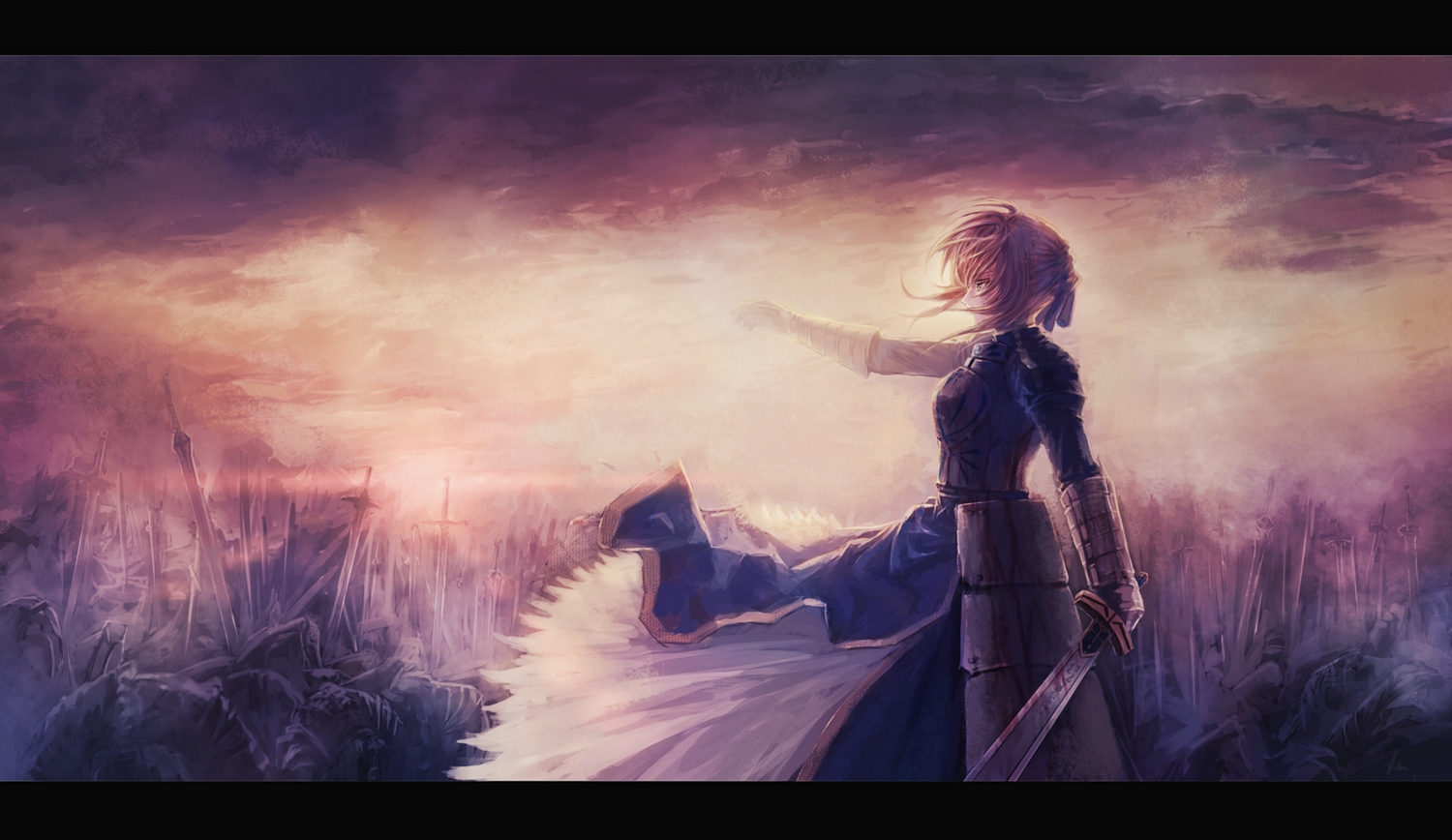 armor, artoria_pendragon_(all), blonde_hair, blood, clouds, dress, fate_(series), fate/stay_night