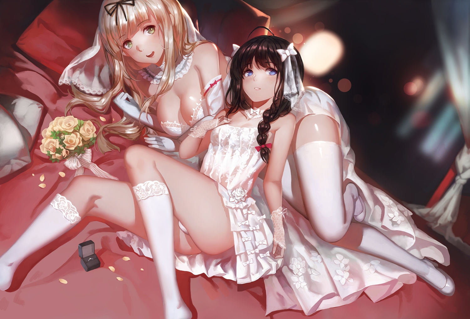 2girls, anthropomorphism, bed, black_hair, blonde_hair, blue_eyes, bow, braids, breasts, choker, cleavage, dress, elbow_gloves, flowers, gloves, green_eyes, headdress, kantai_collection, kneehighs, long_hair, panties, petals, ribbons, rose, shigure_(kancolle), thighhighs, underwear, wedding_attire, wristwear, yuudachi_(kancolle), yykuaixian