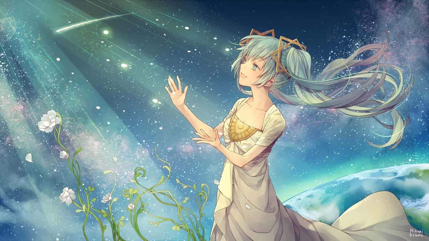aqua_eyes, aqua_hair, dress, flowers, hatsune_miku, long_hair, mikuni_(mikunik), petals, planet, signed, sky, stars, twintails, vocaloid