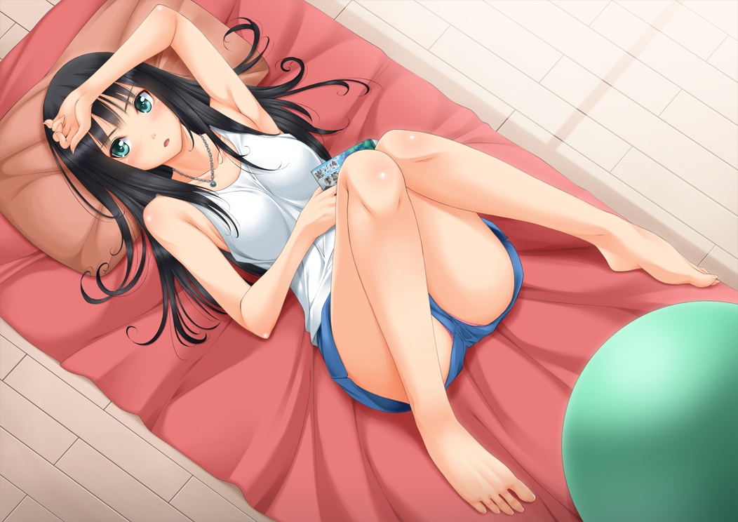 barefoot, bed, black_hair, blue_eyes, blush, book, idolmaster, idolmaster_cinderella_girls, long_hair, necklace, shibuya_rin, shorts, tachibana