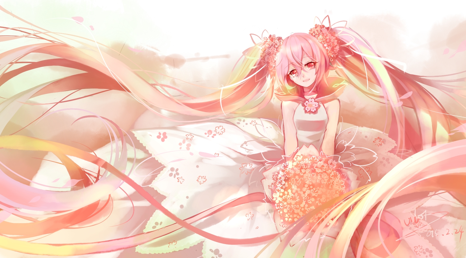 dress, flowers, hatsune_miku, long_hair, pink_hair, polychromatic, red_eyes, sakura_miku