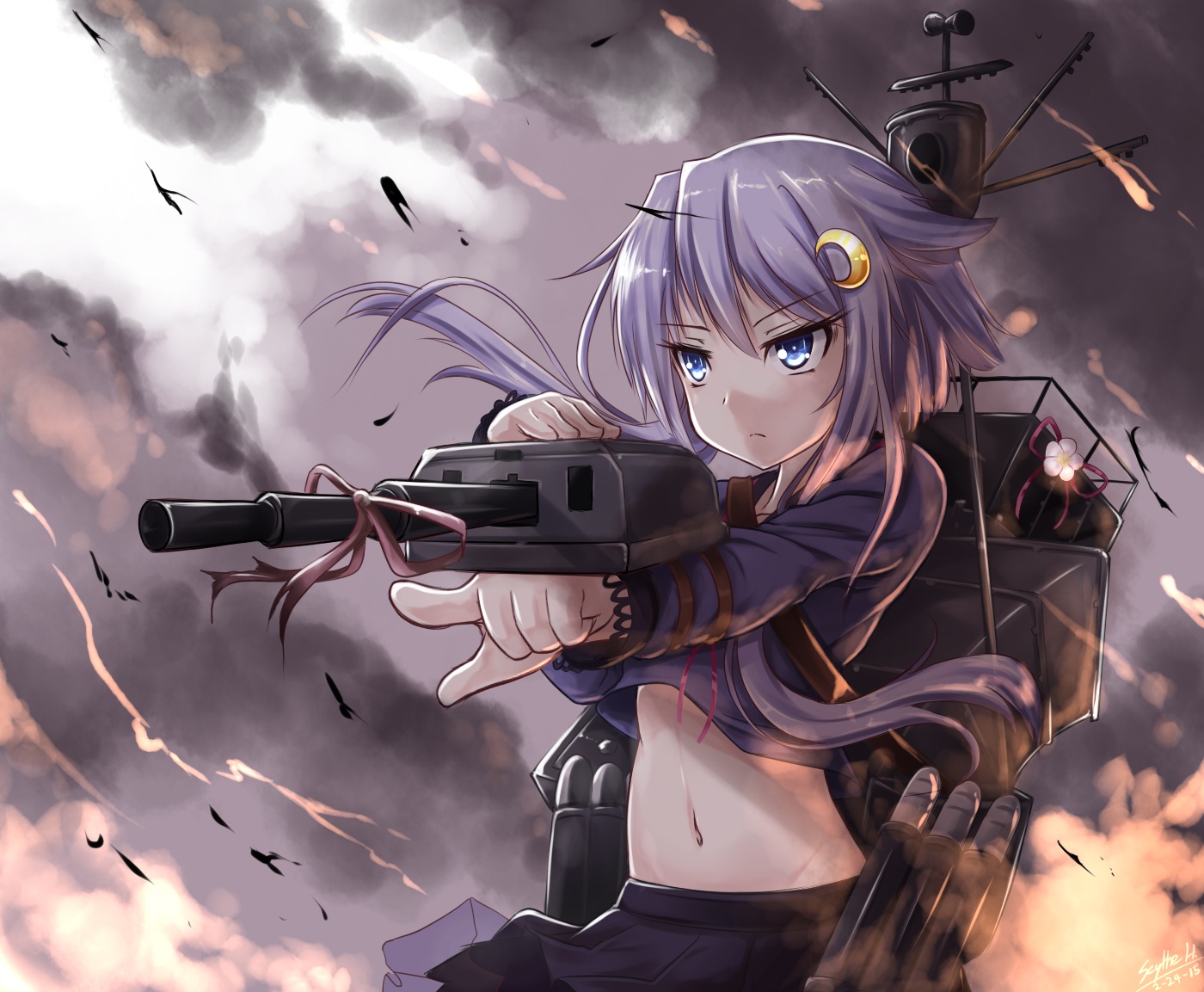 anthropomorphism, blue_eyes, fire, kantai_collection, long_hair, miyabi_urumi, navel, purple_hair, skirt, twintails, weapon, yayoi_(kancolle)