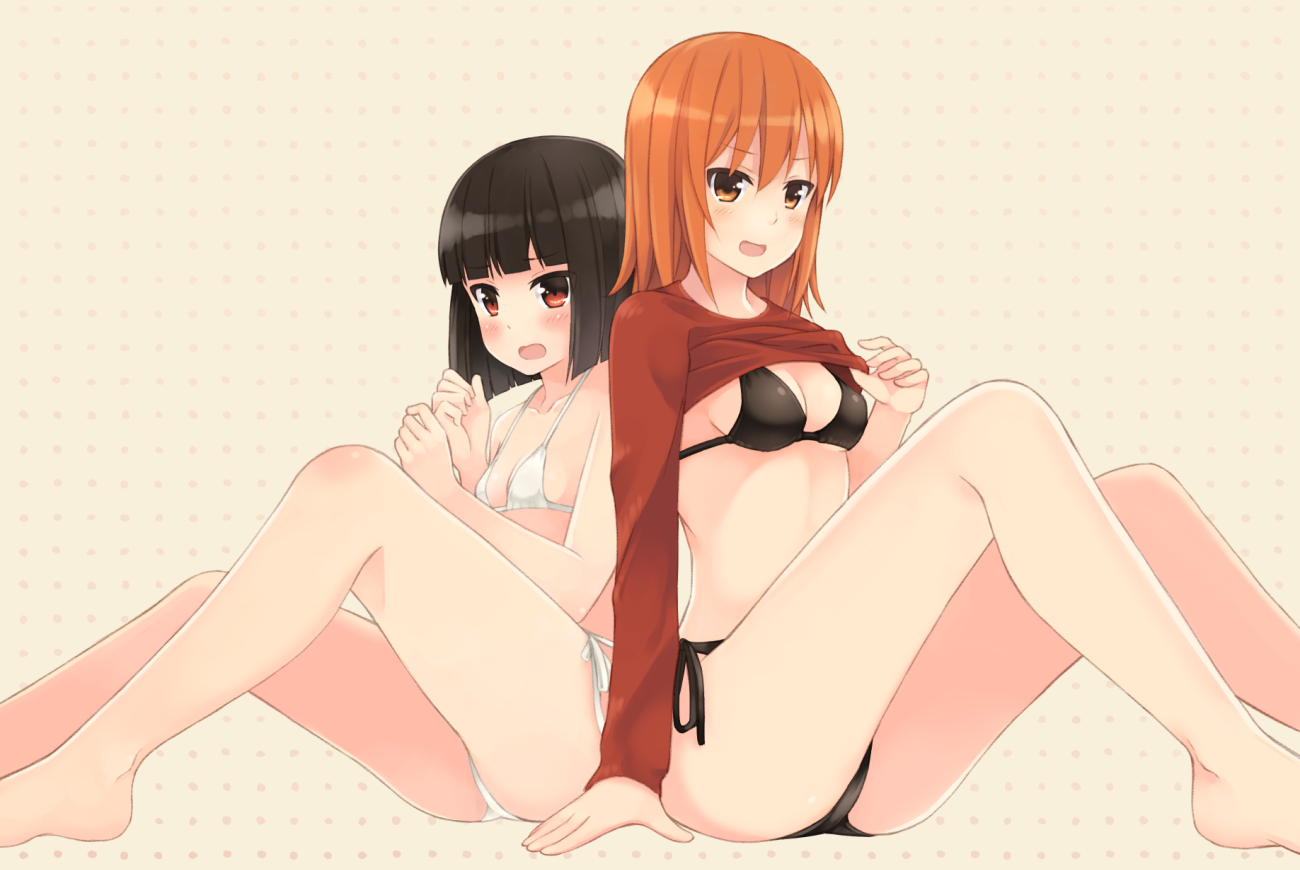 2girls, akatsuki_miho, akemiho_tabi_nikki, barefoot, bikini, black_hair, blush, fukube_tamaki