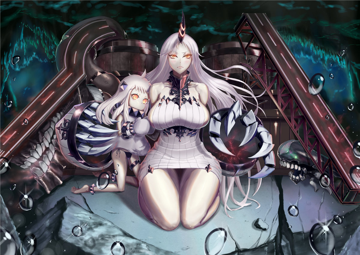 2girls, anthropomorphism, blush, breasts, cleavage, gloves, horns, kantai_collection