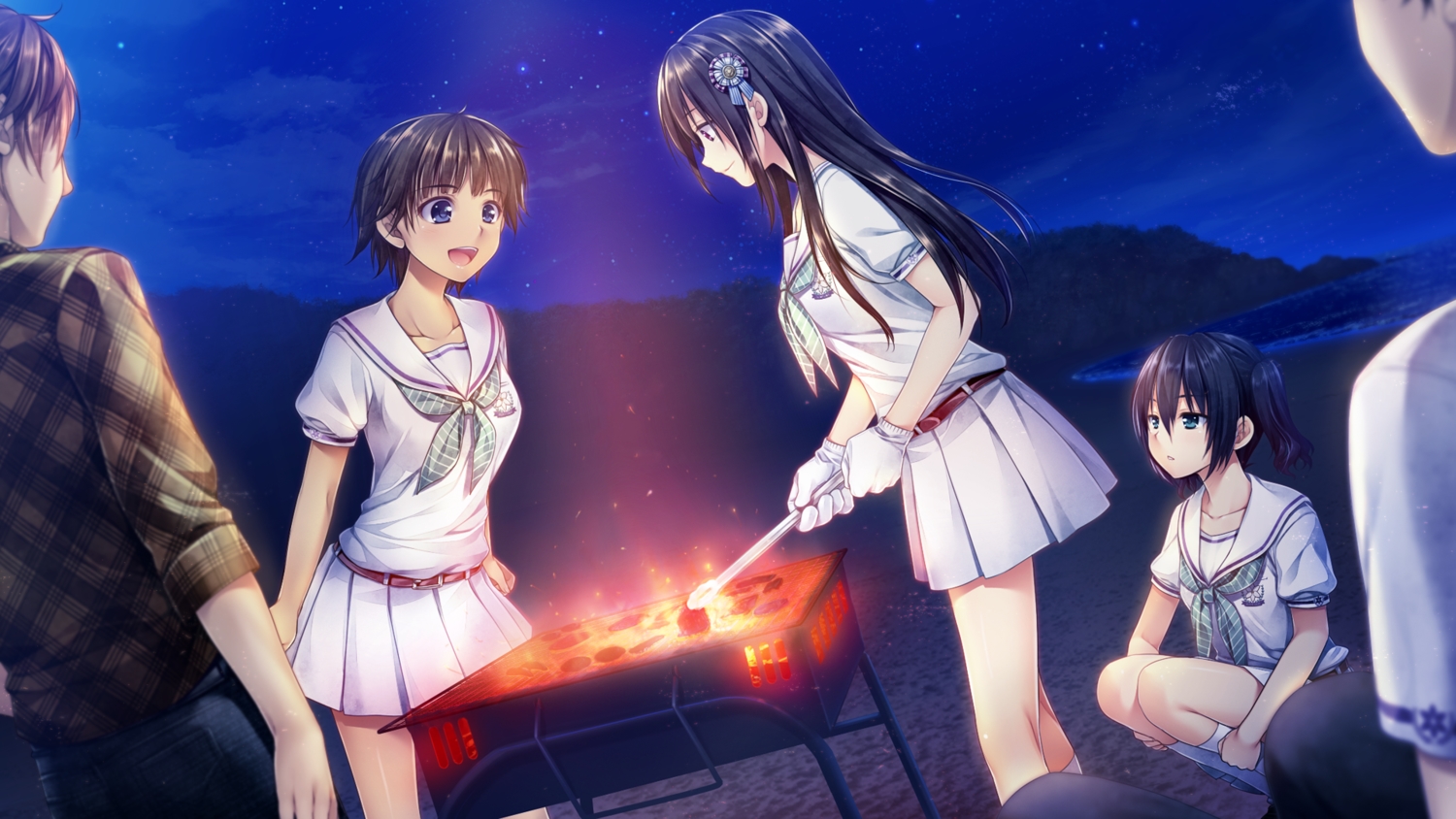 akabeisoft2, alpha_(alpha91), beach, boku_no_hitori_sensou, fire, food, game_cg, group, inuduca_rumi, male, night, school_uniform, skirt