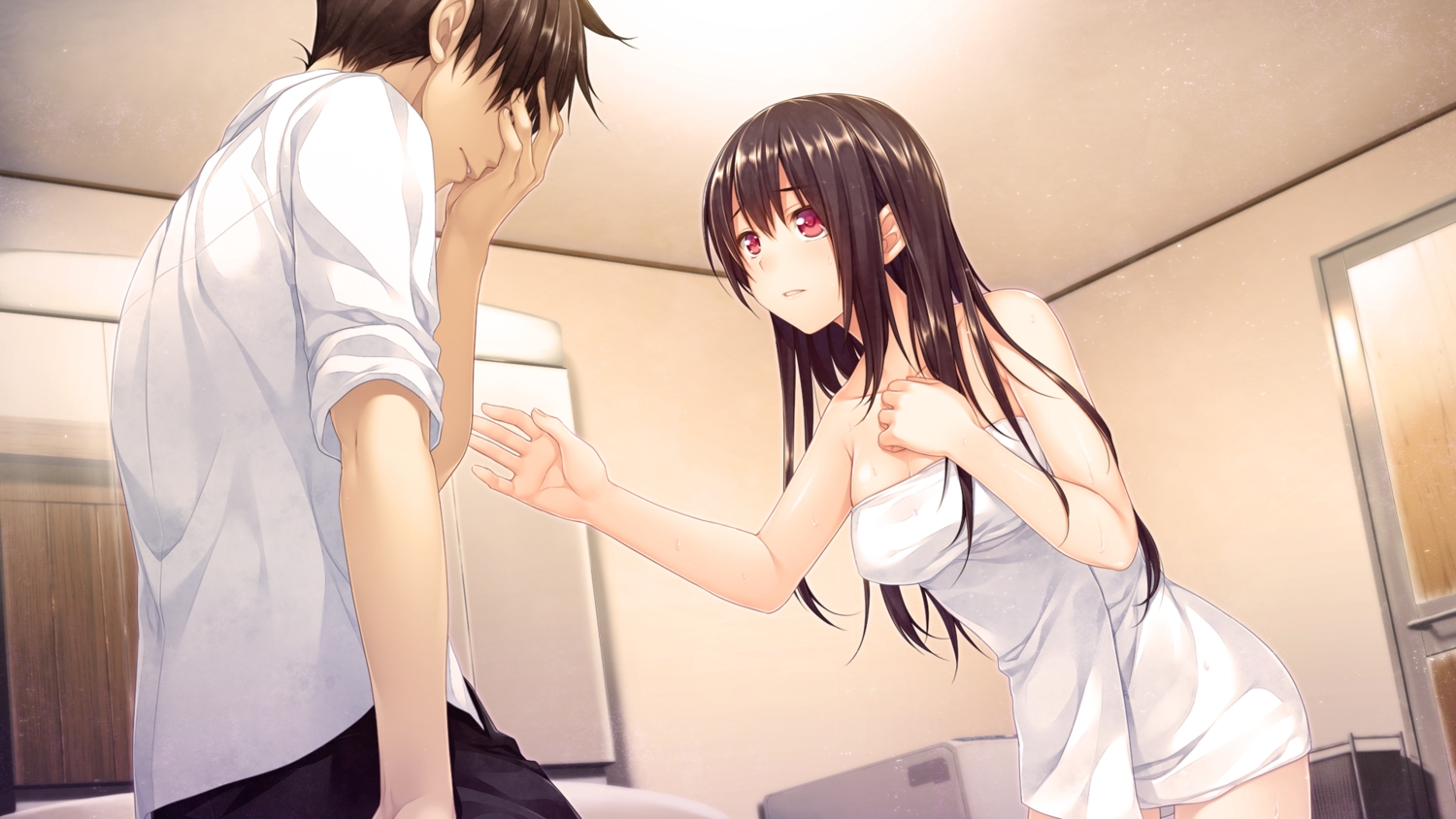 akabeisoft2, alpha_(alpha91), black_hair, boku_no_hitori_sensou, game_cg, inuduca_rumi, school_uniform, towel