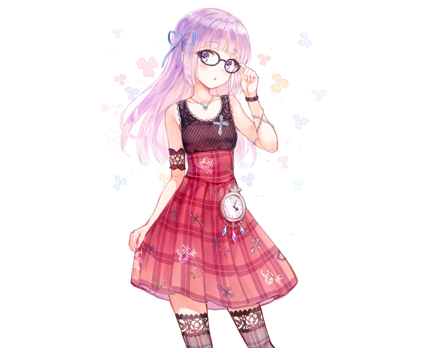 aikatsu!, blush, dress, glasses, hikami_sumire, hiten_(hitenkei), long_hair, necklace, purple_eyes, thighhighs, white, wristwear