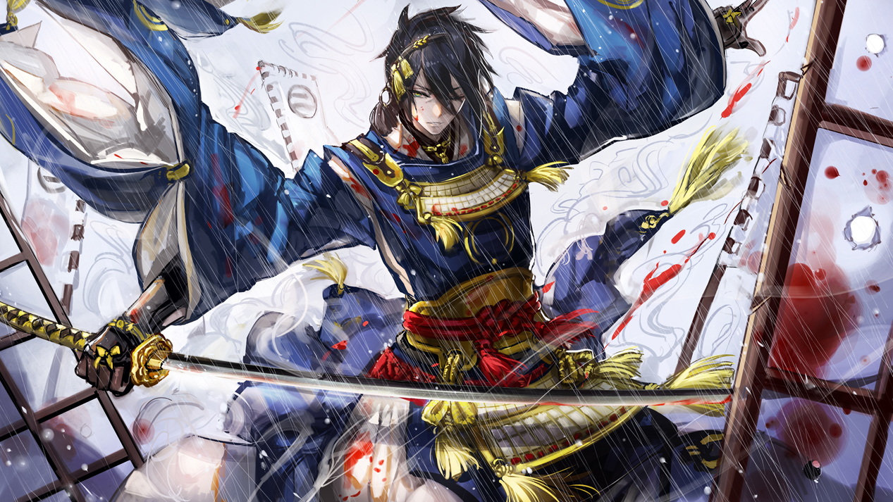 all_male, anthropomorphism, armor, blood, gloves, green_eyes, japanese_clothes, katana, male, mikazuki_munechika, ryuuzaki_ichi, sword, touken_ranbu, weapon