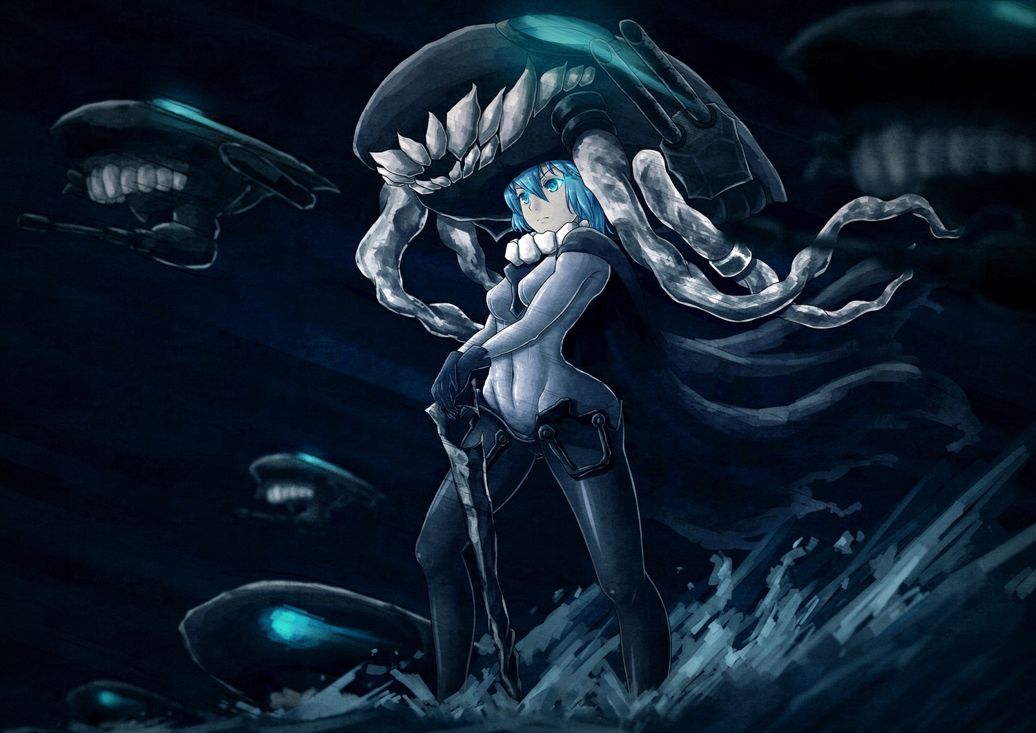 anthropomorphism, bodysuit, dark, i-class_destroyer, kantai_collection, monochrome, tentacles, tie_(yutie1990)