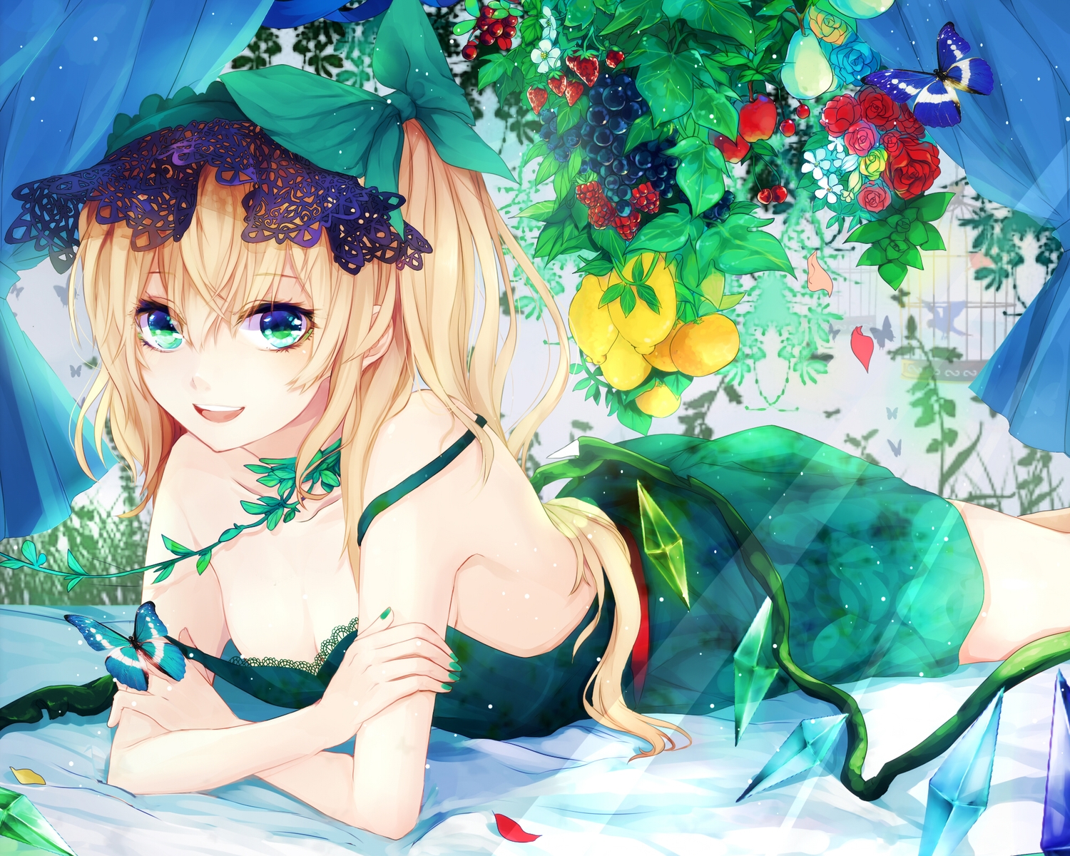 blonde_hair, bow, breasts, butterfly, cleavage, flandre_scarlet, food, fruit, green_eyes, headdress, leaves, long_hair, renkarua, touhou, vampire, wings