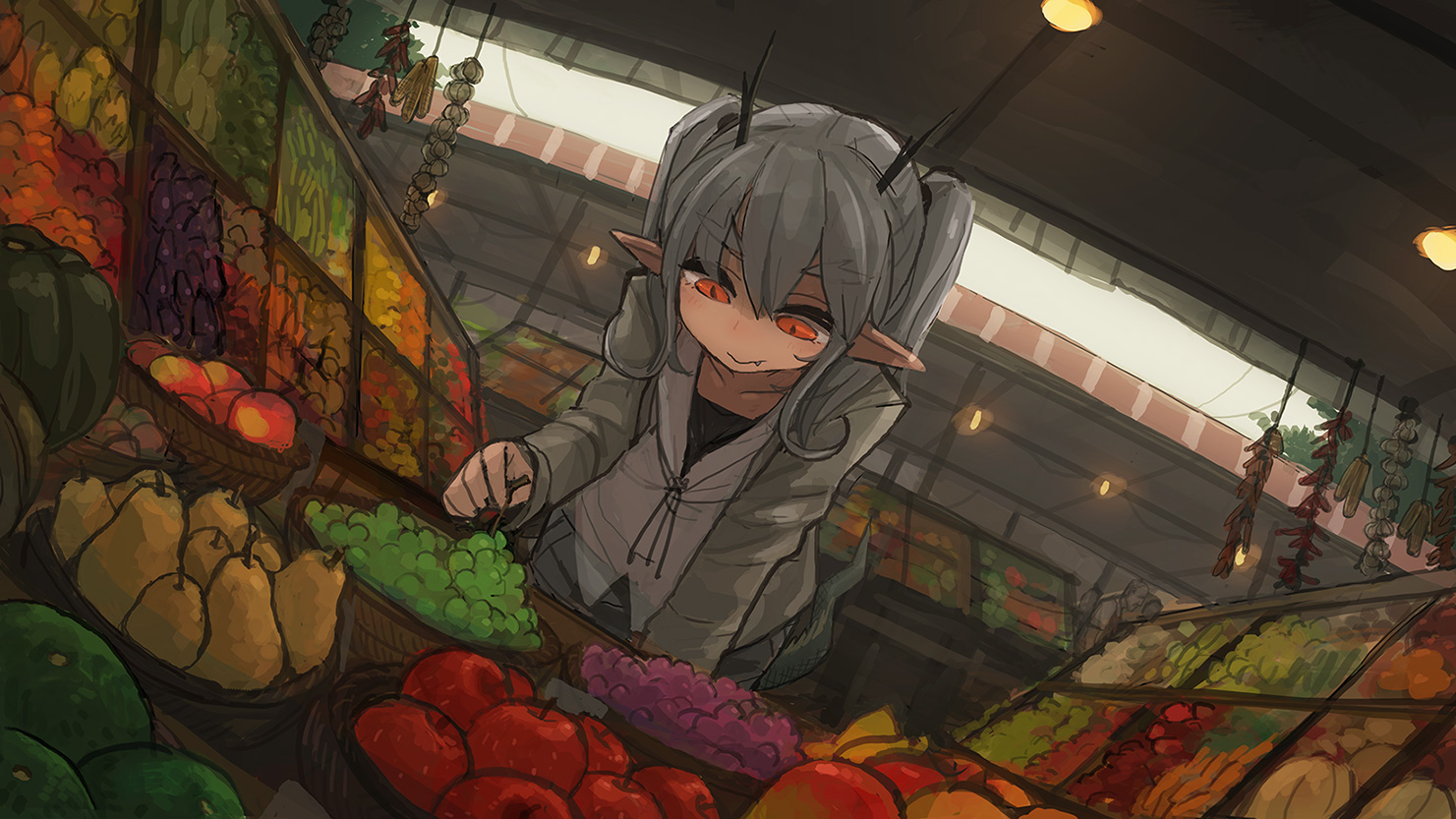 bee_(deadflow), dragon, fang, food, fruit, gray_hair, kuryuu_kohaku, orange_eyes, original, pointed_ears, shade, tail, twintails