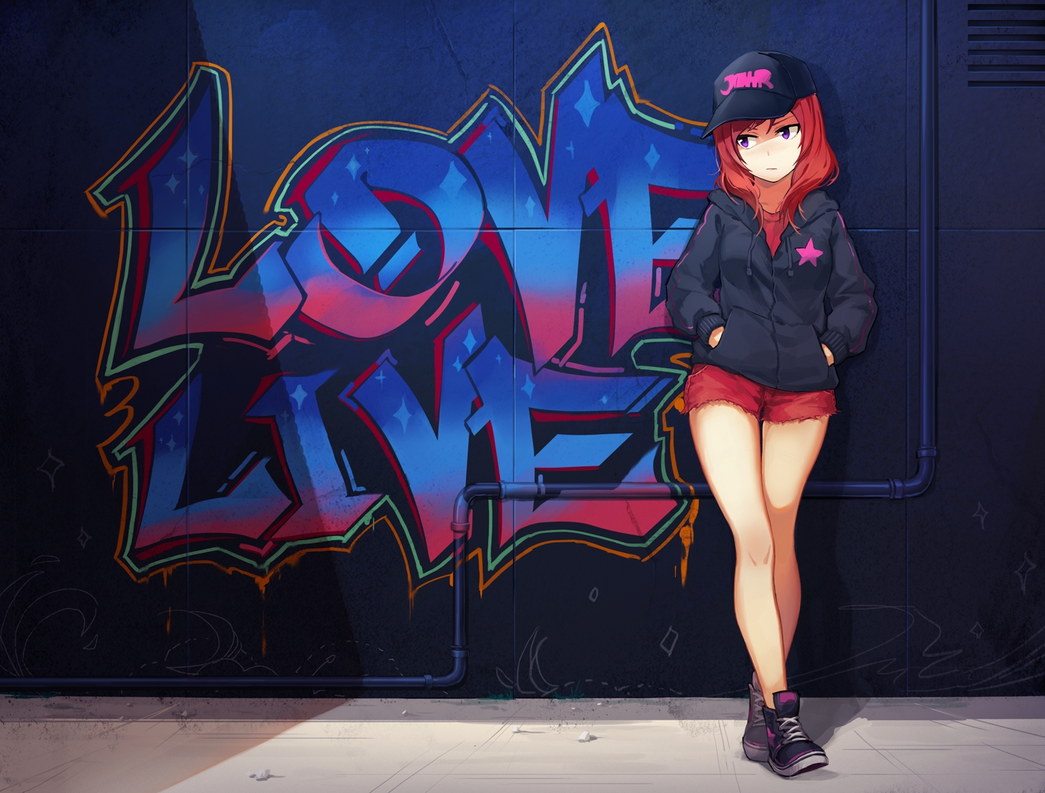graffiti, hat, love_live!_school_idol_project, nishikino_maki, purple_eyes, red_hair, shorts, soul4444