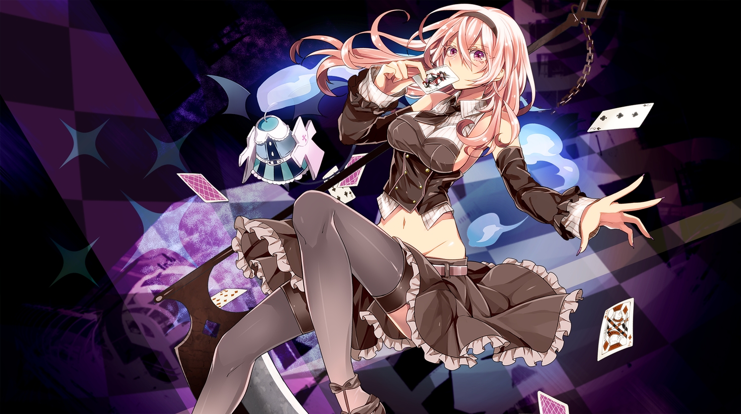 blush, breasts, chain, gahata_meiji, headband, long_hair, navel, pink_eyes