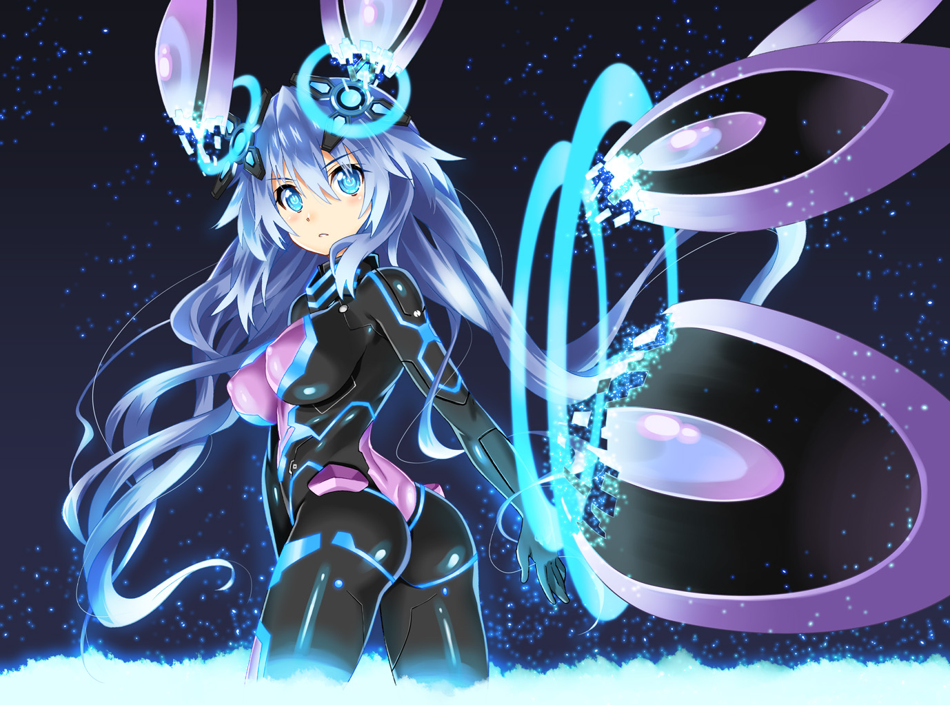 ass, blue_eyes, bodysuit, breasts, erect_nipples, hyperdimension_neptunia, long_hair, neptune, next_purple, purple_heart, shinozuka_atsuto, skintight