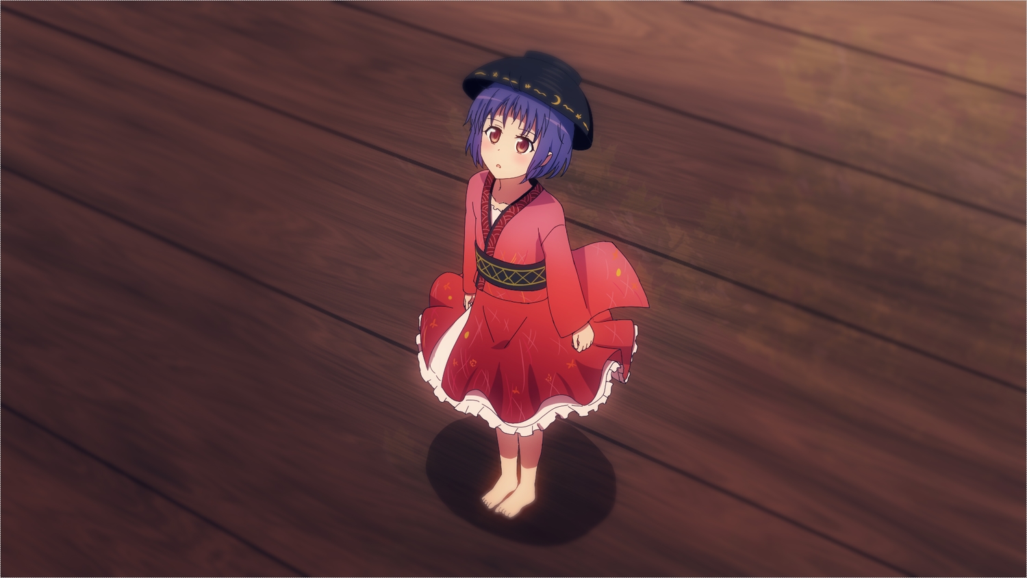 barefoot, blue_hair, brown_eyes, hat, japanese_clothes, mikomiko_(mikomikosu), sukuna_shinmyoumaru, touhou