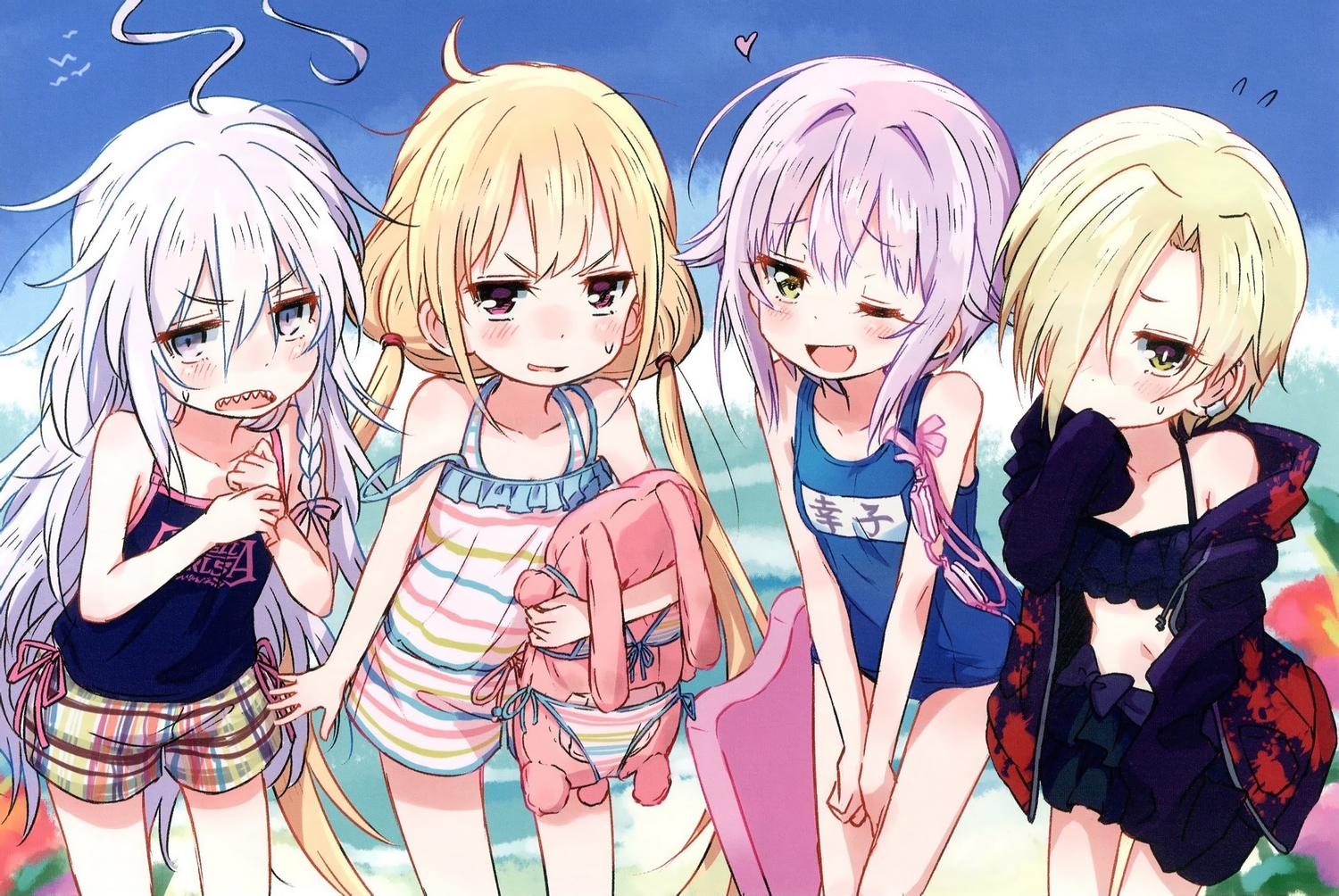 bikini, bikini_top, fang, futaba_anzu, hoshi_shouko, idolmaster, idolmaster_cinderella_girls, kingin, koshimizu_sachiko, loli, scan, school_swimsuit, shirasaka_koume, swimsuit, wink