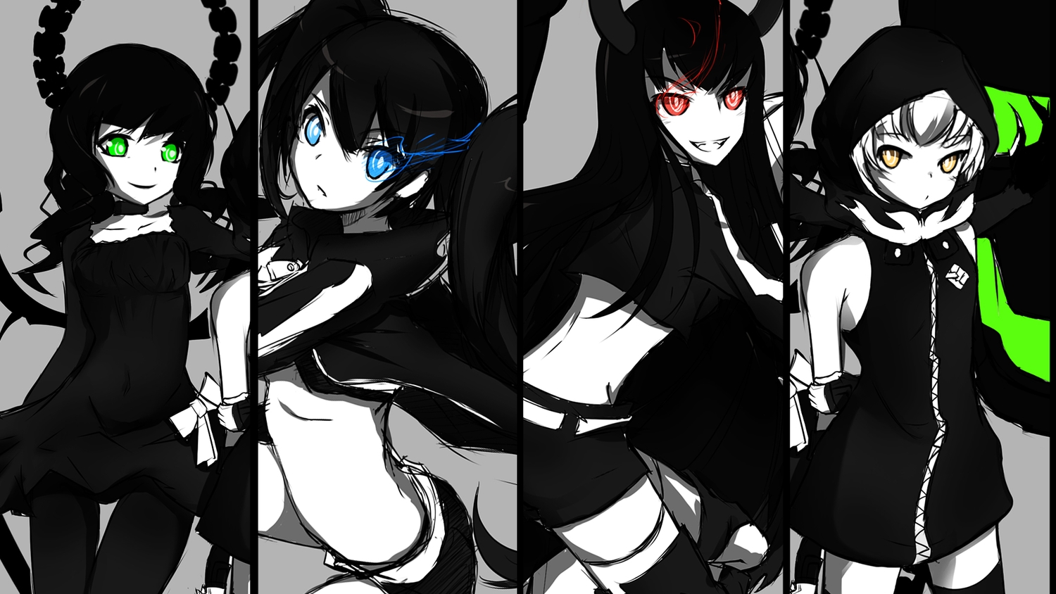 black_hair, black_rock_shooter, blue_eyes, green_eyes, hood, irino_saya, koutari_yuu, kuroi_mato