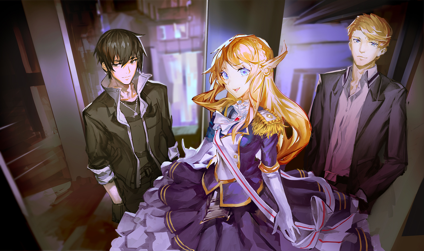 aituoku_(twh), black_hair, blonde_hair, elbow_gloves, gloves, long_hair, male, necklace