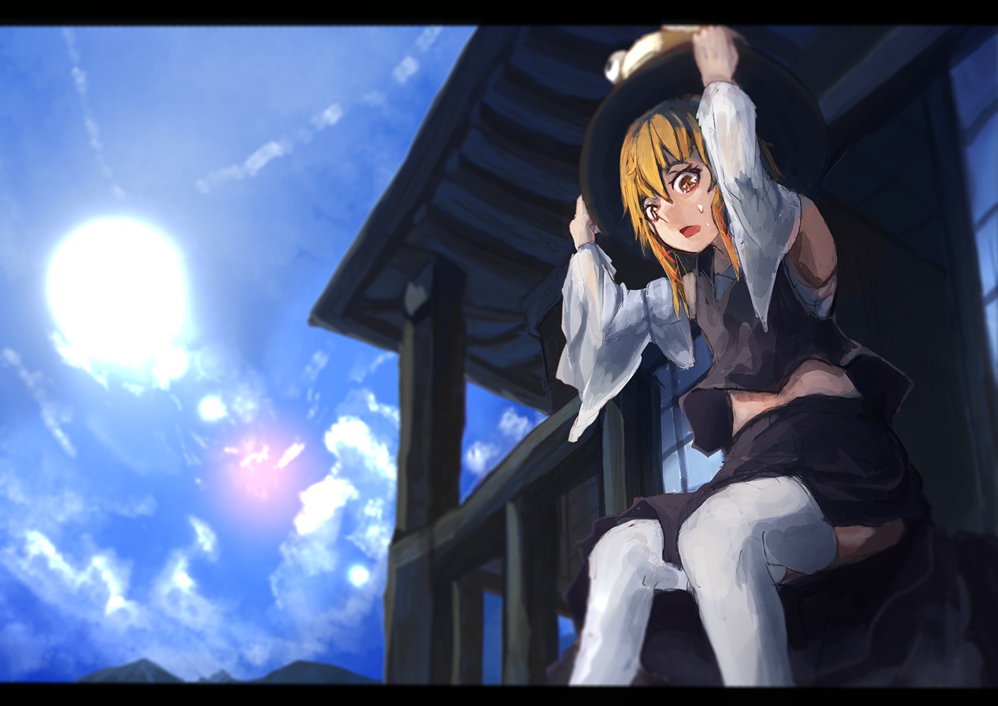 aruto2498, blonde_hair, hat, moriya_suwako, skirt, sky, thighhighs, touhou