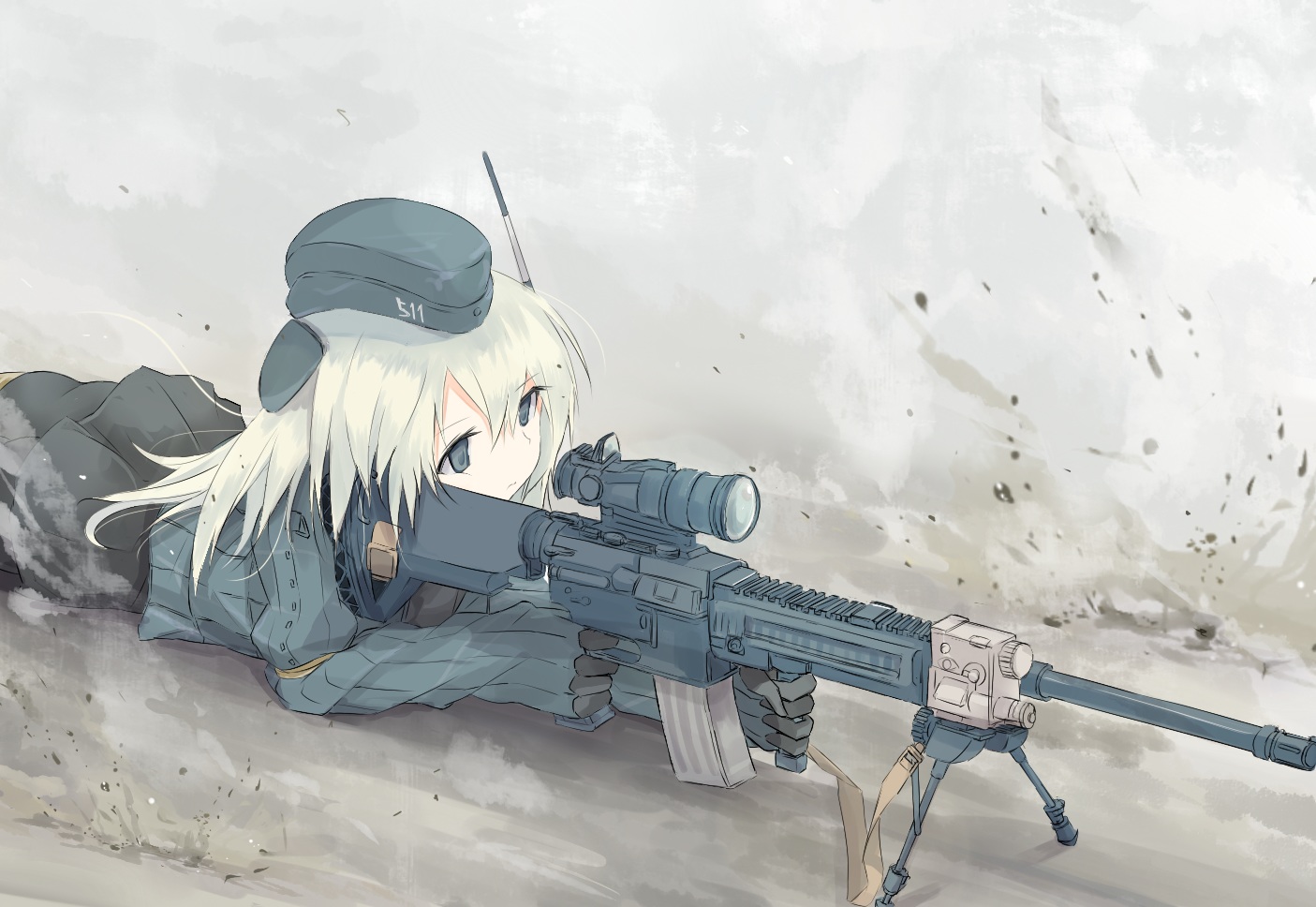 aliasing, anthropomorphism, gray, gun, hat, kantai_collection, nao_(qqqbb), ro-500_(kancolle), u-511_(kancolle), uniform, weapon, white_hair