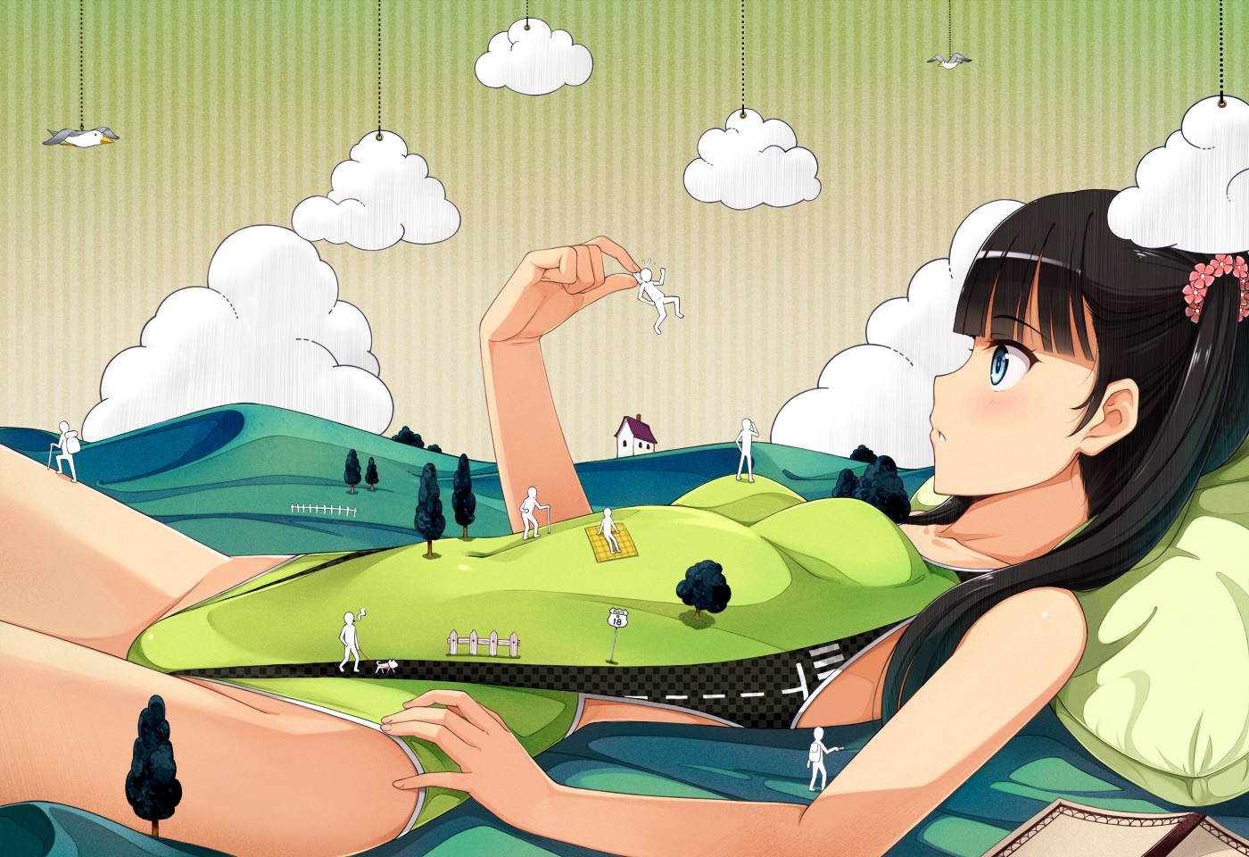 black_hair, blue_eyes, clouds, long_hair, original, swimsuit, tree, twintails, yokaze_japan
