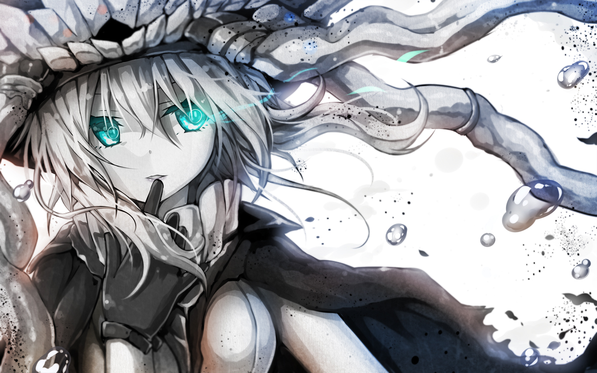 anthropomorphism, aqua_eyes, bodysuit, cape, gloves, headdress, kantai_collection, mitsuki, white_hair, wo-class_aircraft_carrier