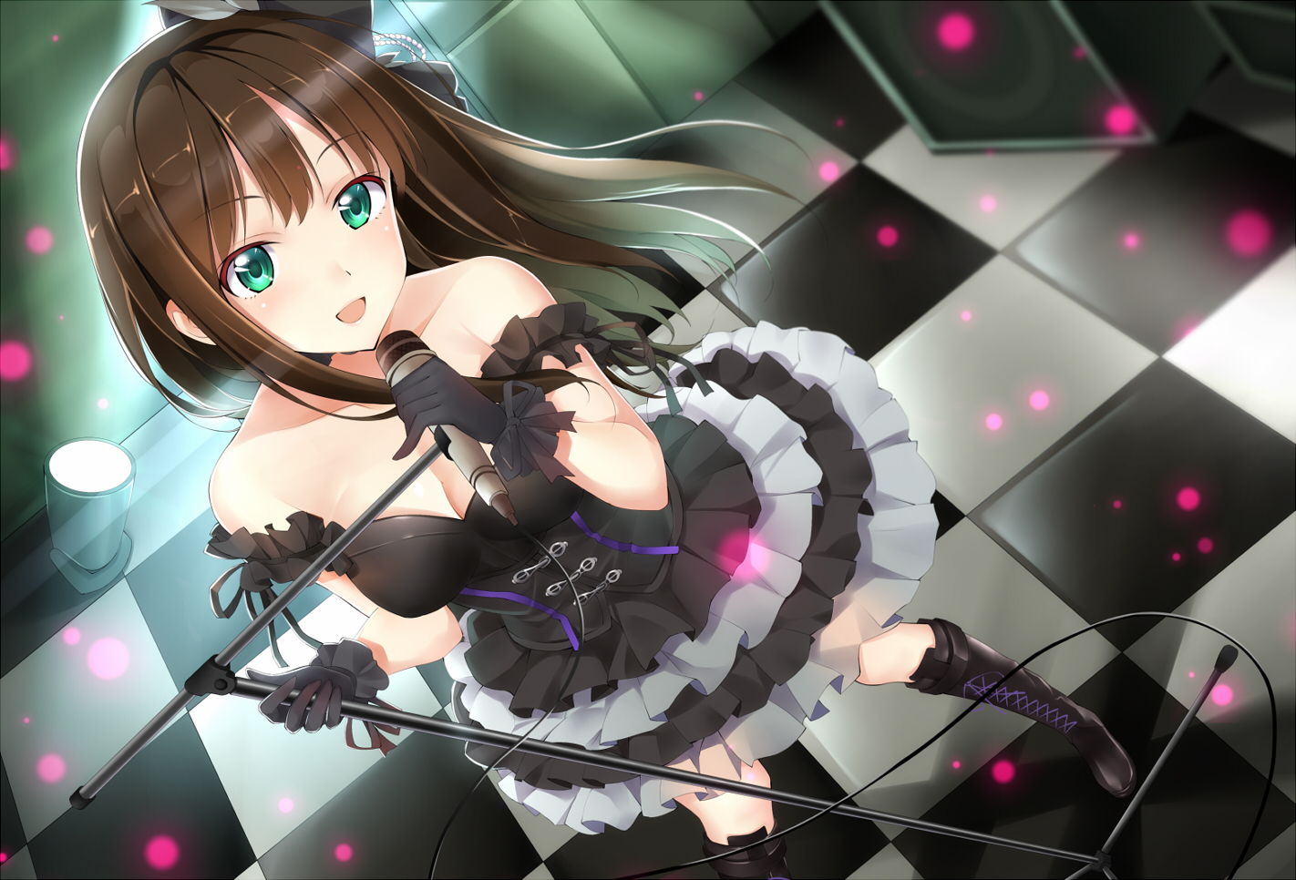 boots, breasts, brown_hair, cleavage, gloves, green_eyes, idolmaster, idolmaster_cinderella_girls