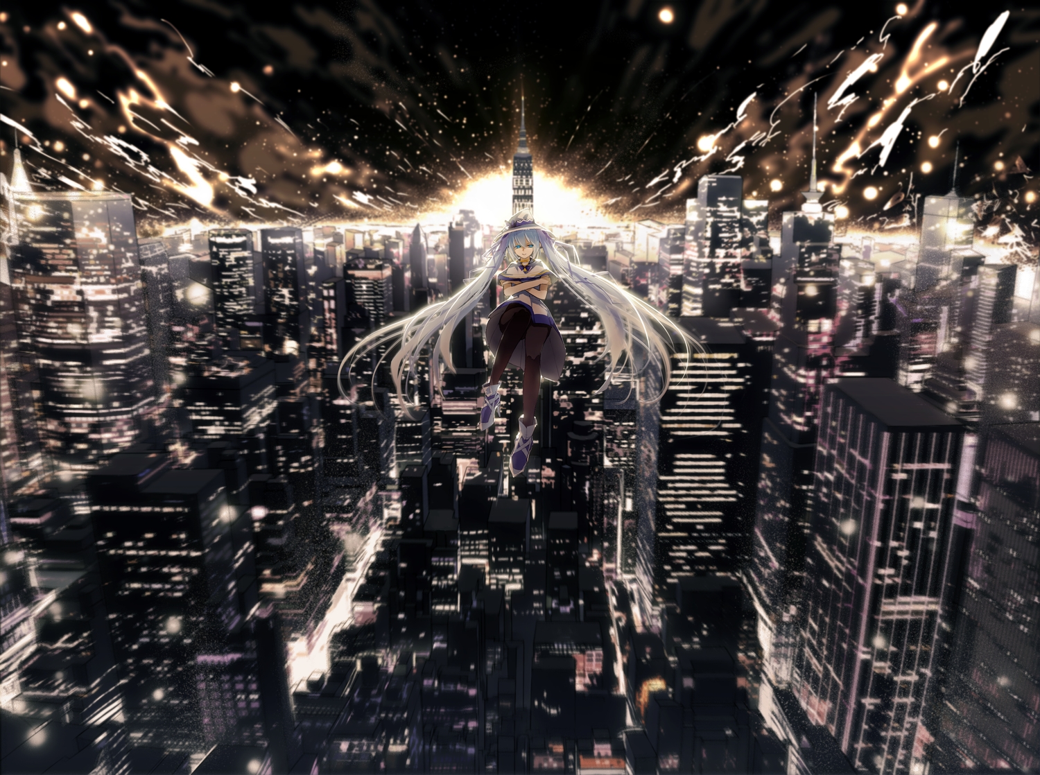 ajahweea, building, city, hat, hatsune_miku, long_hair, night, pantyhose