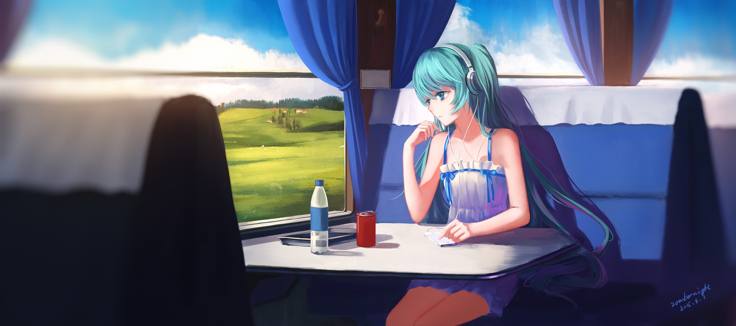 aqua_eyes, aqua_hair, dress, drink, hatsune_miku, headphones, long_hair, phone, scenic, signed, sombernight, train, vocaloid