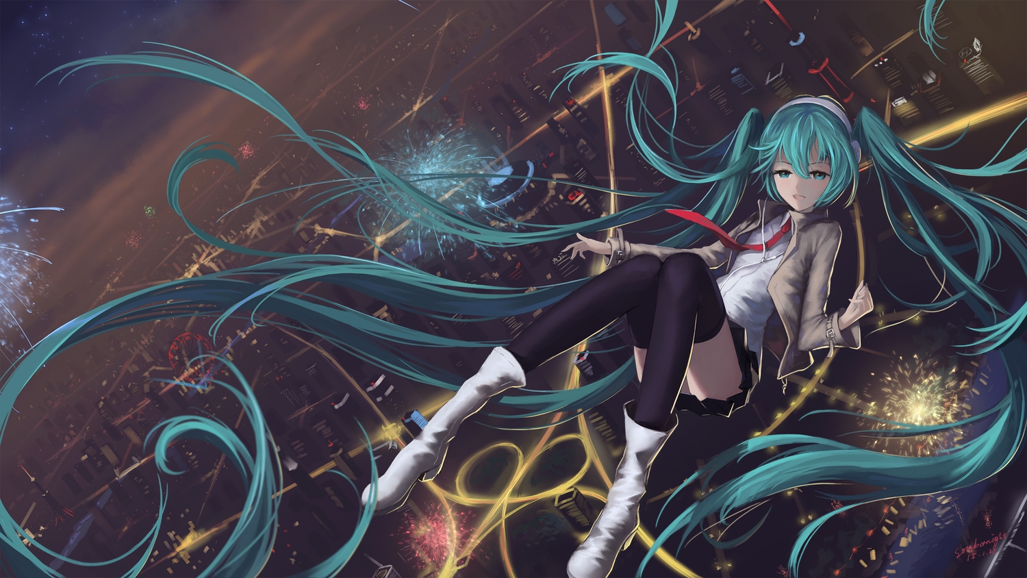 aqua_eyes, aqua_hair, boots, building, city, fireworks, hatsune_miku, headphones