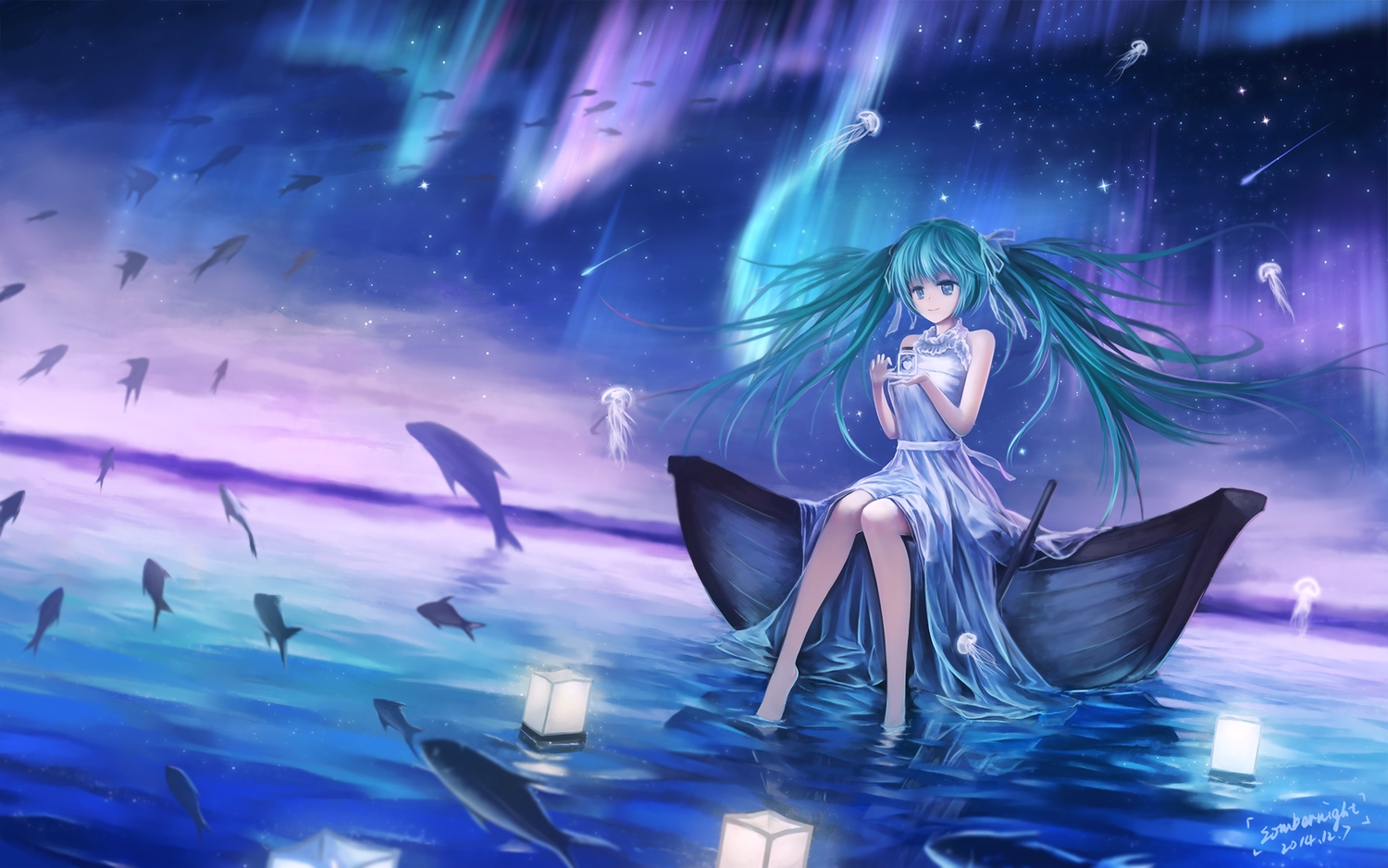 animal, aqua_eyes, aqua_hair, boat, dress, fish, hatsune_miku, long_hair