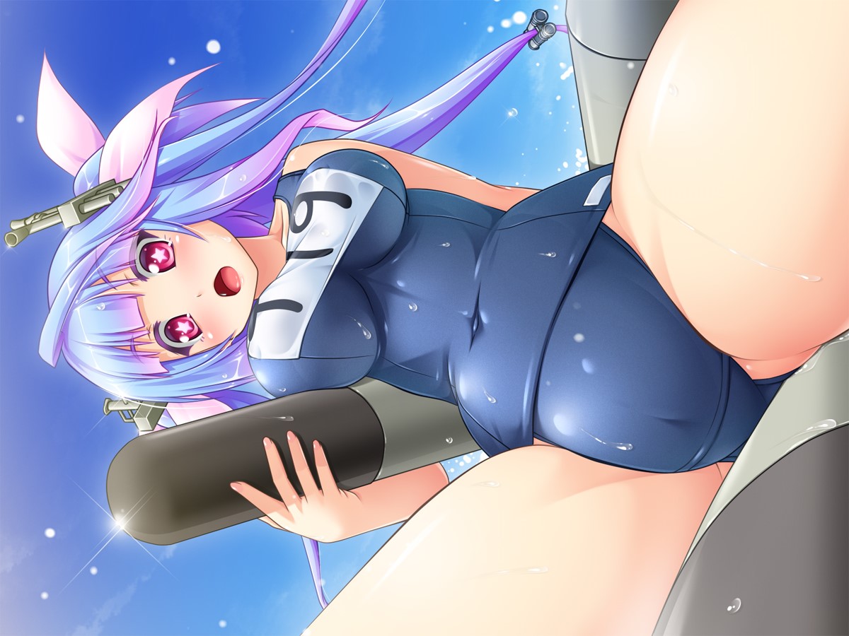 anthropomorphism, blue_hair, blush, fang, hal_(21), i-19_(kancolle), kantai_collection, long_hair, red_eyes, skintight, spread_legs, swimsuit, twintails, wet