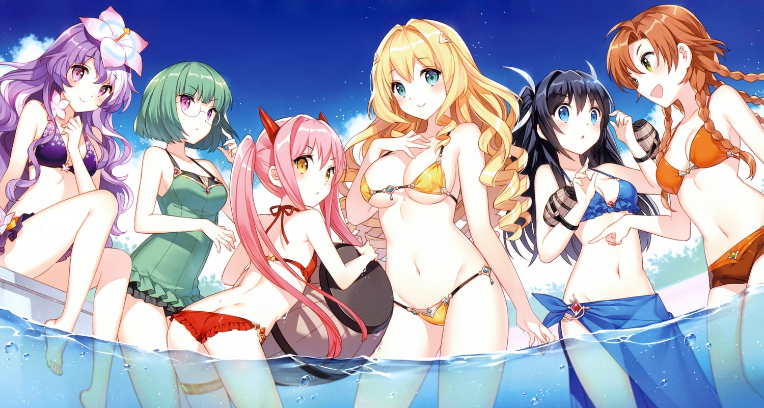 ass, ball, barefoot, bikini, black_hair, blonde_hair, blue_eyes, breasts