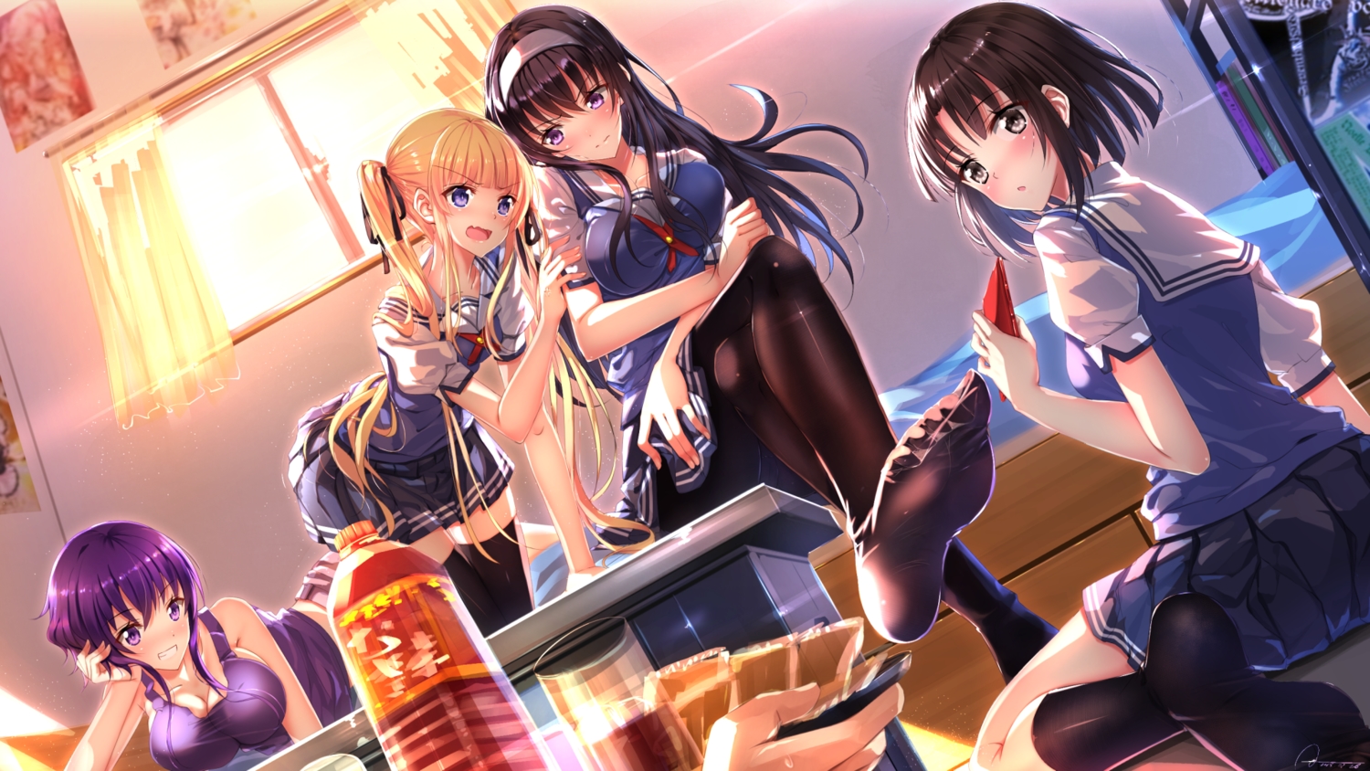 bed, black_hair, blonde_hair, blue_eyes, blush, breasts, brown_eyes, brown_hair, cleavage, drink, group, headband, hyoudou_michiru, kasumigaoka_utaha, katou_megumi, long_hair, pantyhose, phone, purple_eyes, purple_hair, ribbons, saenai_heroine_no_sodatekata, sawamura_spencer_eriri, school_uniform, short_hair, signed, skirt, socks, swordsouls, thighhighs, twintails