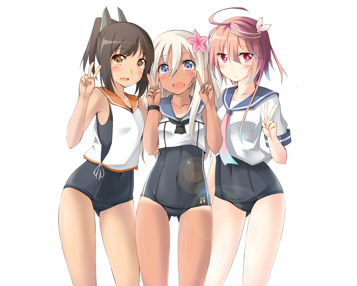 anthropomorphism, black_hair, blonde_hair, blue_eyes, brown_eyes, i-401_(kancolle), i-58_(kancolle), kaminagi_(kaminagi-tei), kantai_collection, pink_eyes, ro-500_(kancolle), swimsuit, white, white_hair, wristwear