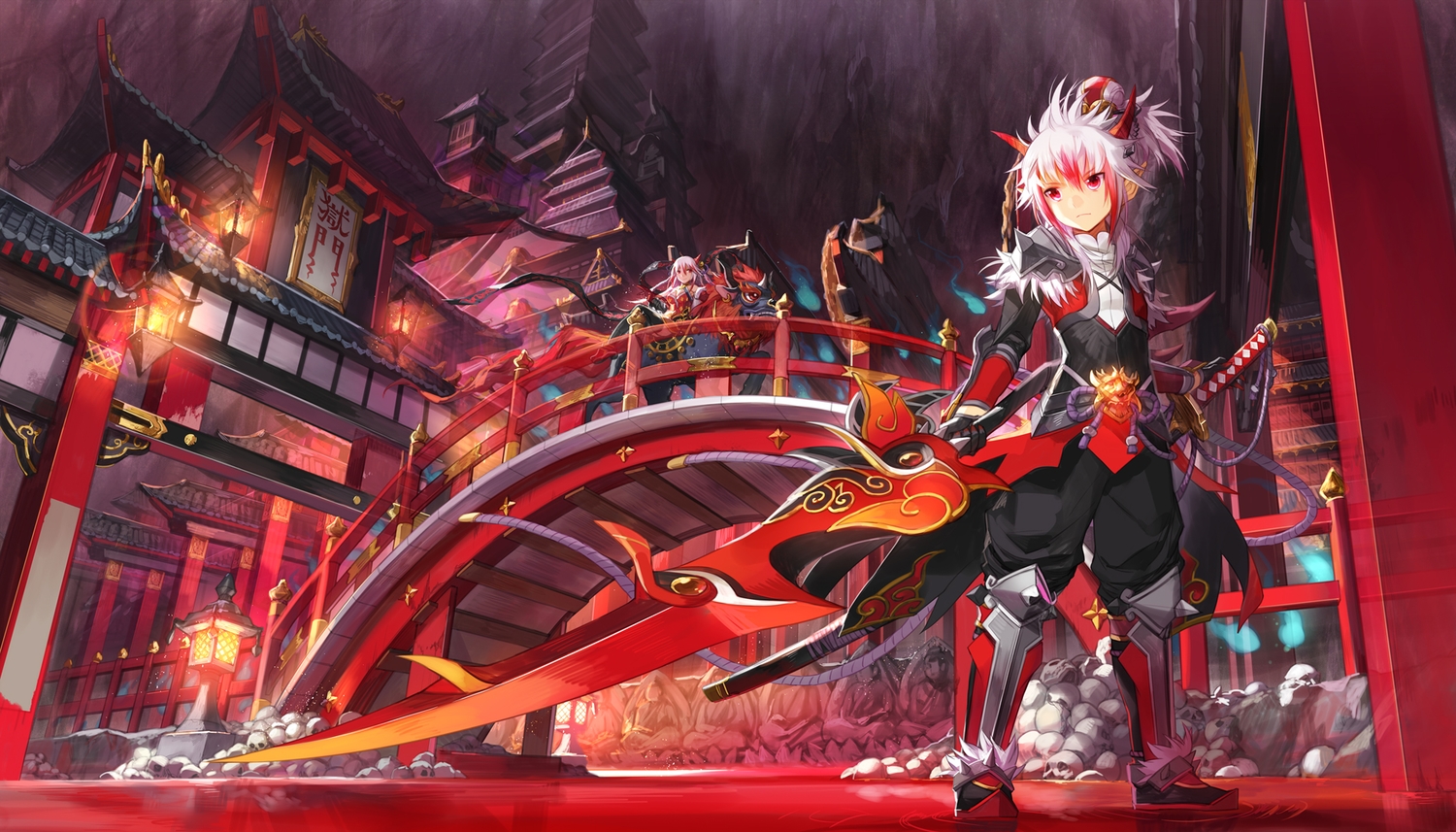 animal, armor, bones, building, elesis_(elsword), elsword, elsword_(character), horns, male, pink_eyes, scorpion5050, skull, sword, weapon, white_hair