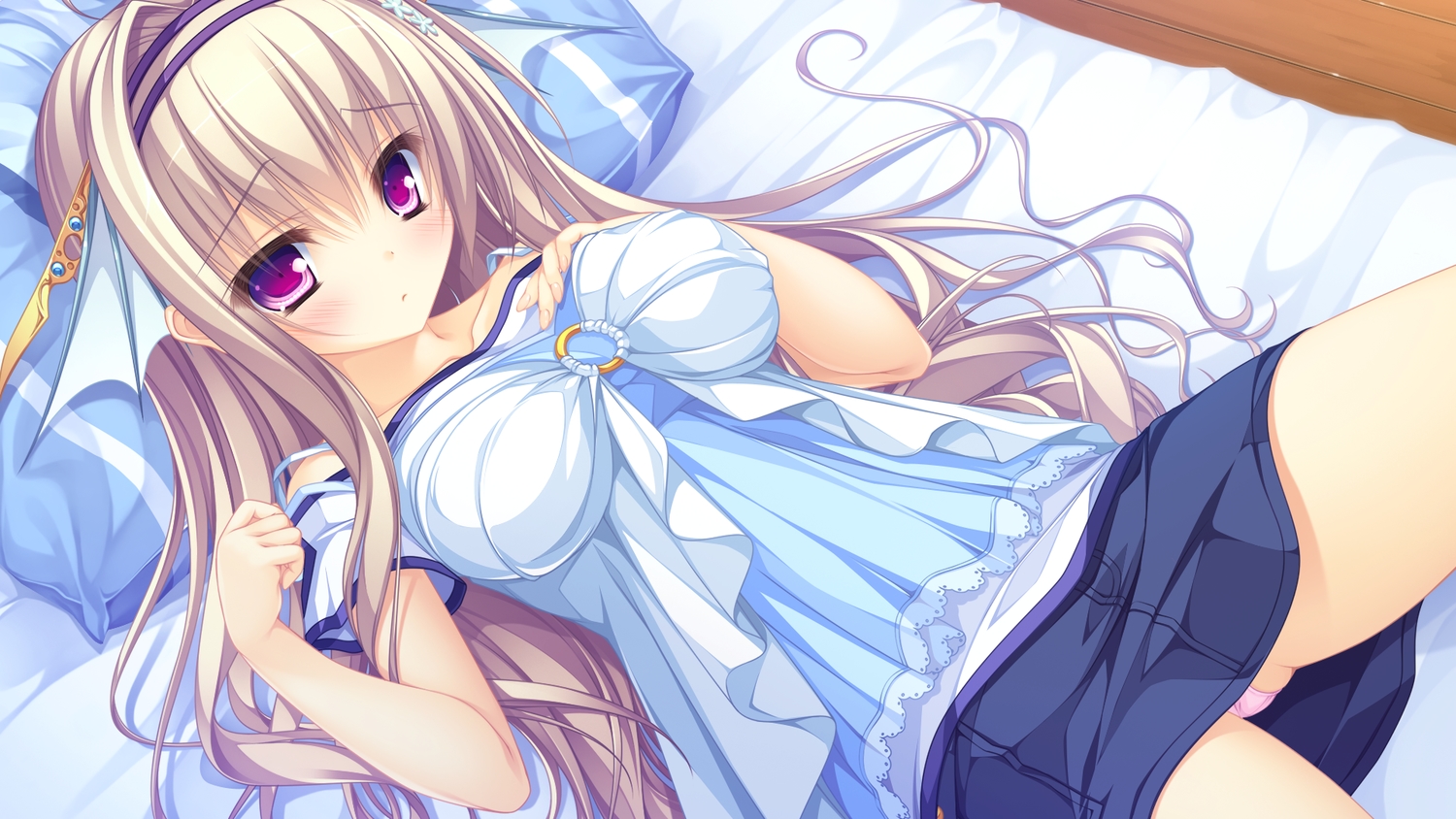 bed, blonde_hair, game_cg, headband, kujiragami_no_tearstilla, long_hair, mikagami_mamizu, panties, purple_eyes, skirt, tenkawa_mitsuki, underwear, whirlpool