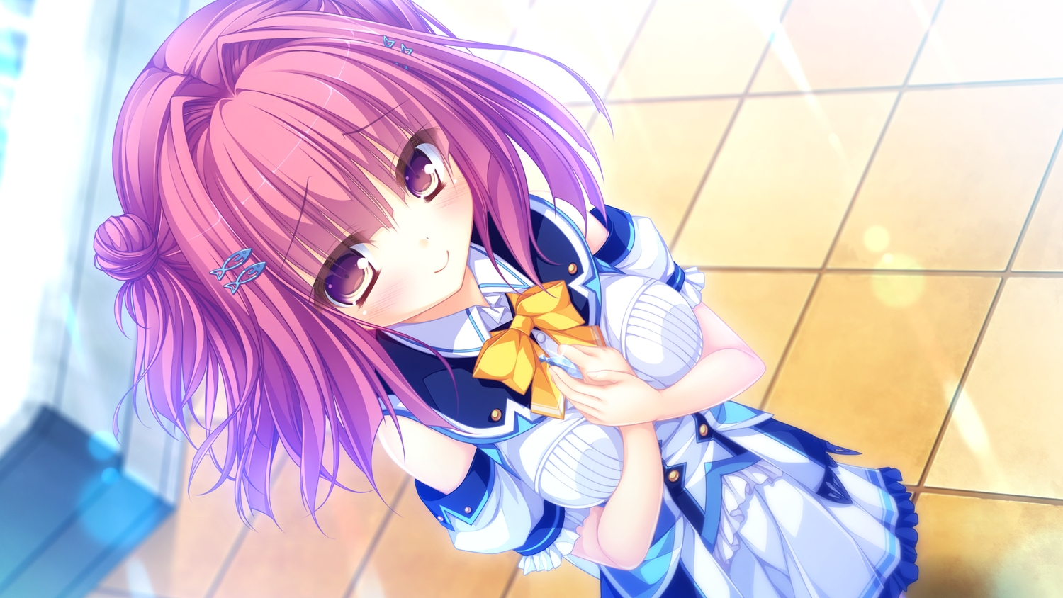 game_cg, kujiragami_no_tearstilla, mikagami_mamizu, narumi_marine, pink_eyes, pink_hair, school_uniform, whirlpool