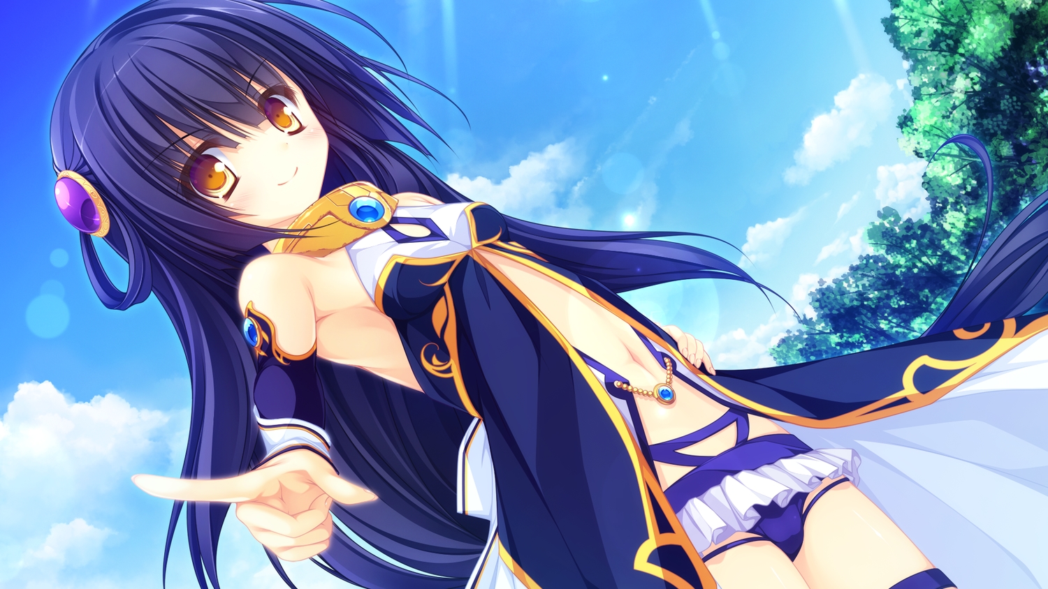 black_hair, brown_eyes, game_cg, kujiragami_no_tearstilla, loli, long_hair, mikagami_mamizu, navel