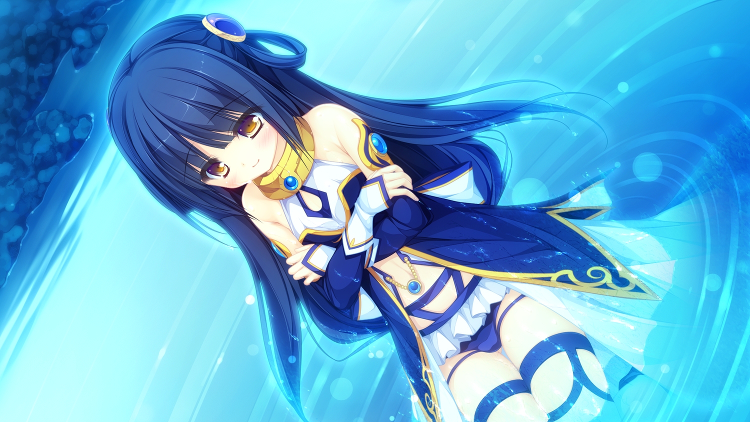 black_hair, blue, brown_eyes, choker, game_cg, kujiragami_no_tearstilla, loli, long_hair, mikagami_mamizu, panties, riru_whale, underwear, water, whirlpool