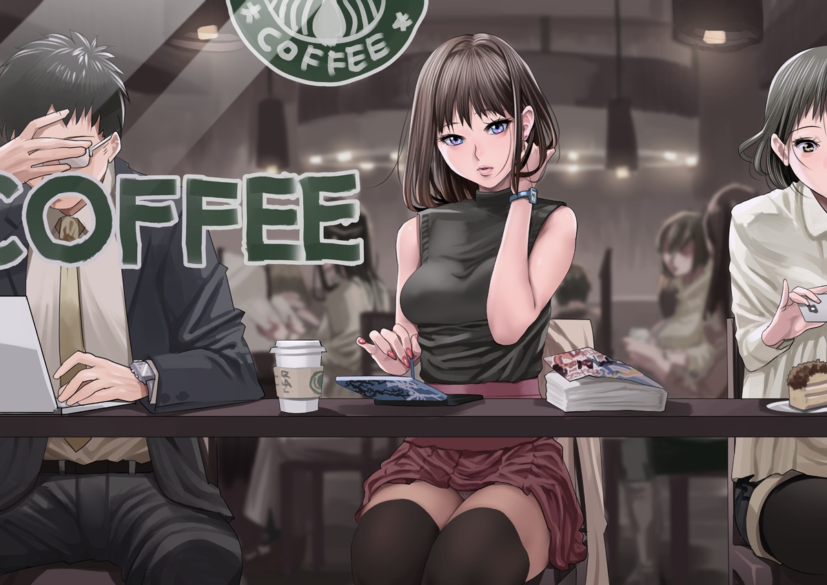 black_hair, blue_eyes, book, breasts, brown_hair, drink, food, glasses, male, original, panties, pao_(otomogohan), short_hair, skirt, thighhighs, underwear, wristwear, zettai_ryouiki
