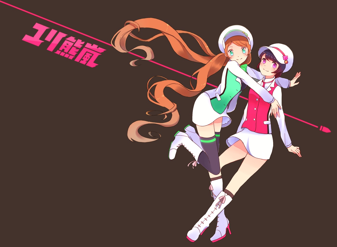 2girls, aoaoma, black_hair, boots, brown, brown_hair, green_eyes, hat